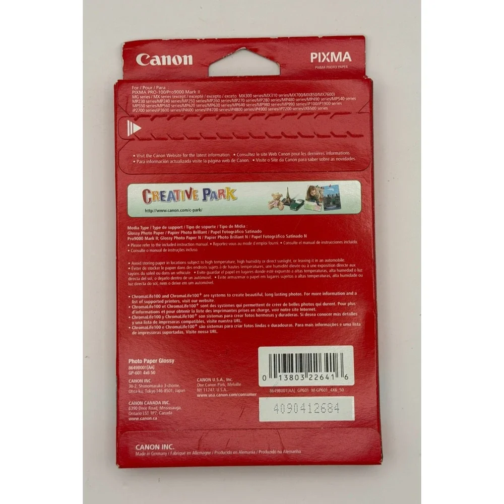 Canon PIXMA GP-601 Glossy Photo Paper 4x6 50 Sheets 56lb 210gsm NEW SEALED